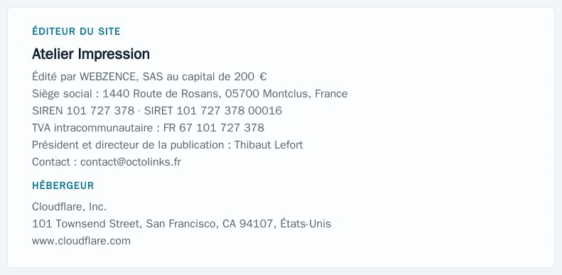 Coordonnées légales de l’éditeur et de l’hébergeur du site