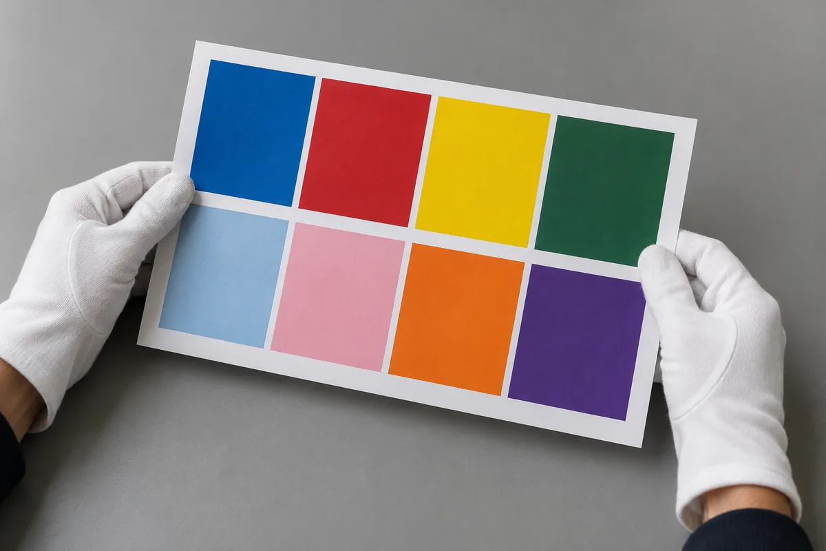 Mains gantées de coton blanc tenant une feuille imprimée en aplats colorés au-dessus d’une table de contrôle grise
