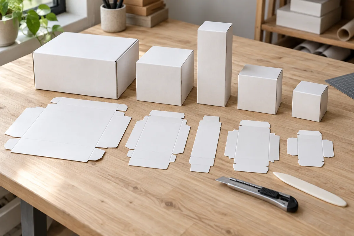 Boîtes en carton blanc uni et étuis pliés à plat alignés sur un plan de travail avec cutter et plioir
