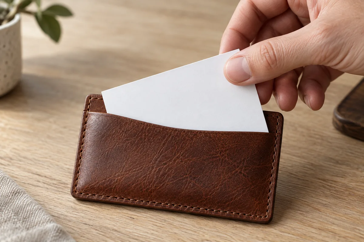 Main glissant une carte blanche vierge dans un porte-cartes en cuir brun posé sur une table en bois