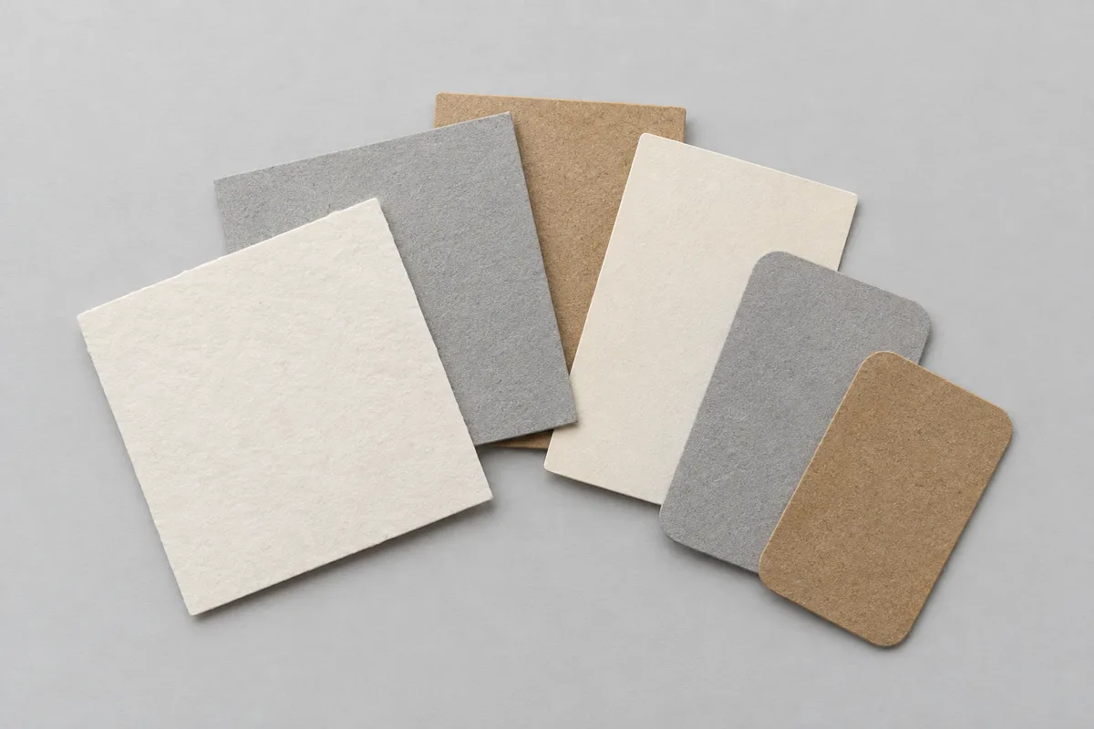 Cartes vierges carrées, rectangulaires et à coins arrondis en papier texturé crème, gris et kraft disposées en éventail