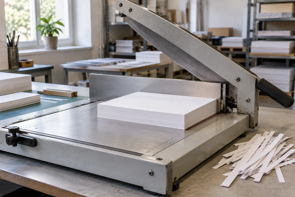 Massicot d’atelier à lame relevée, pile de cartons blancs calée contre la butée et chutes de papier autour