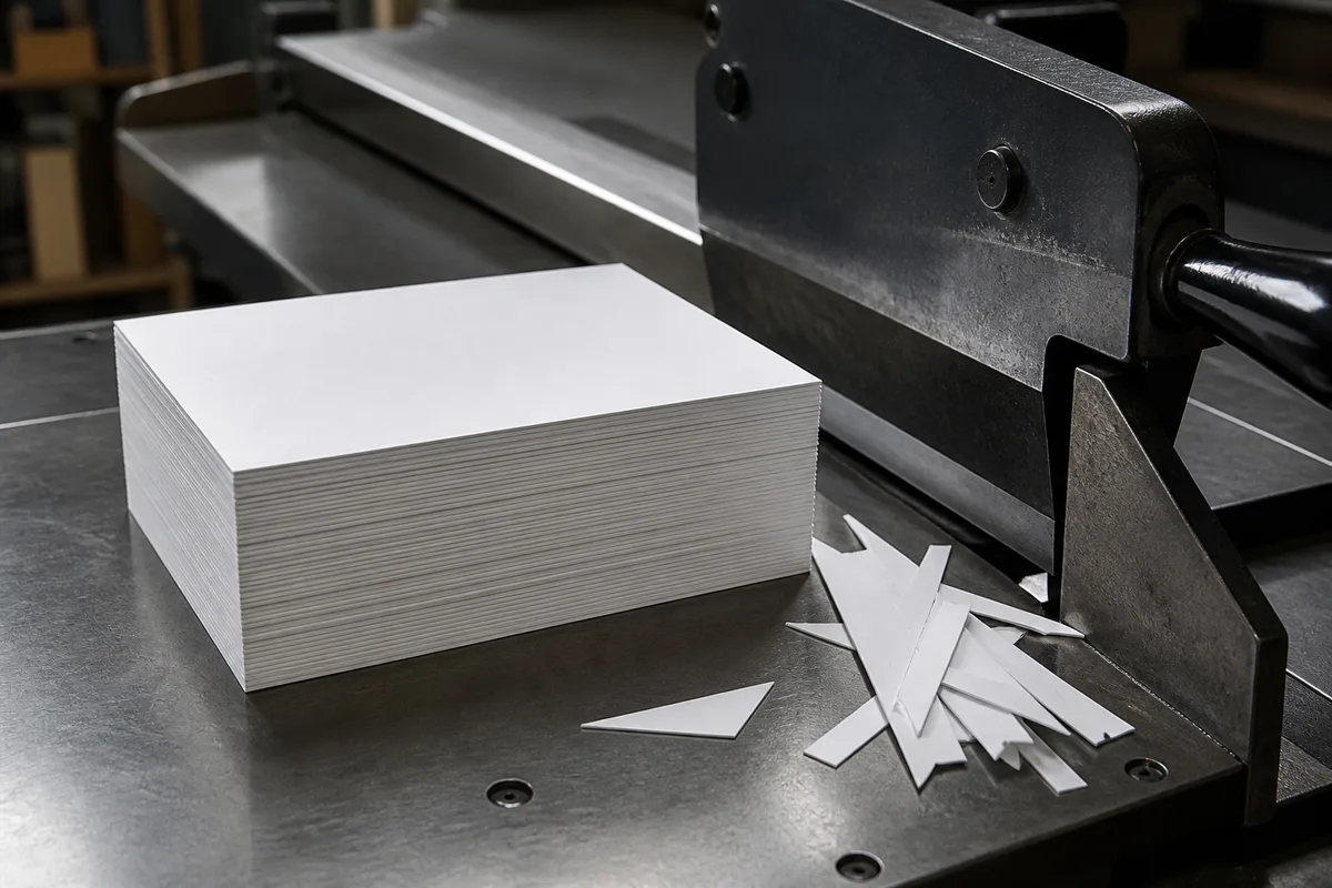 Pile de cartons vierges au format carte de visite posée près d&rsquo;un massicot d&rsquo;atelier, tranche parfaitement nette