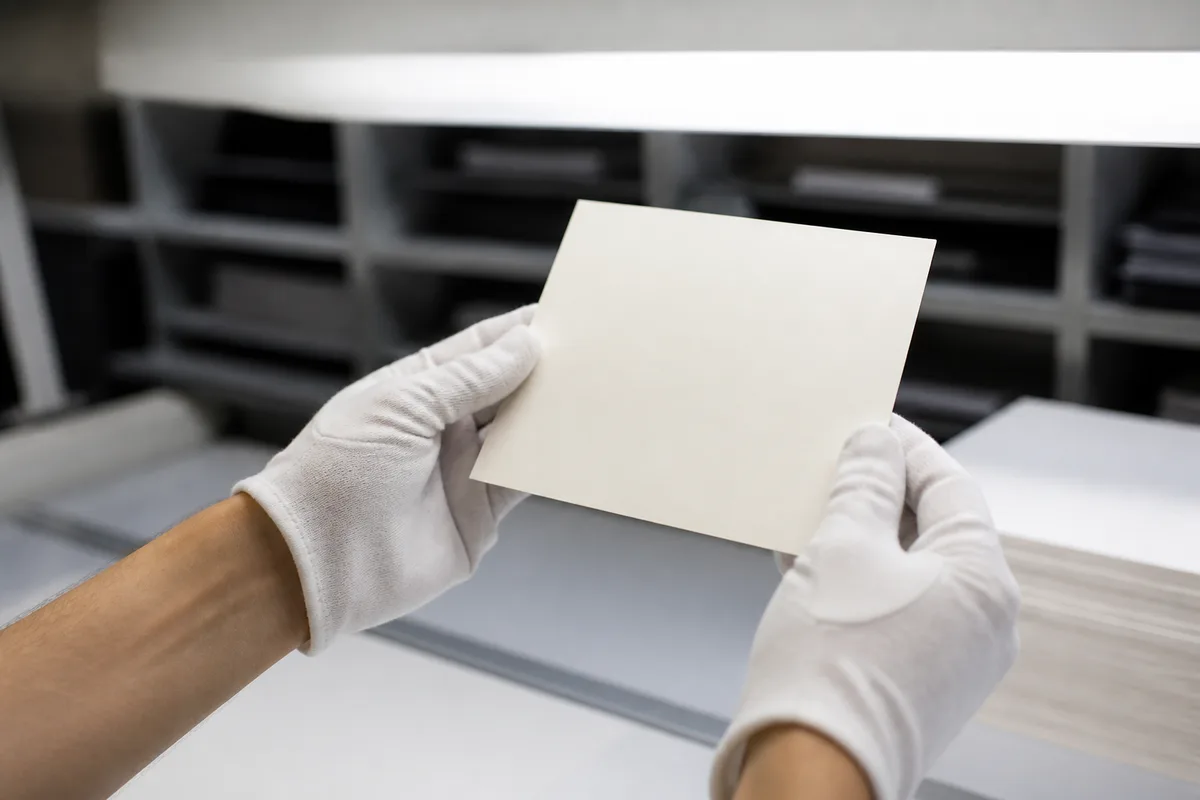 Mains gantées de coton blanc présentant un carton uni sous la rampe lumineuse d&rsquo;un poste de contrôle qualité