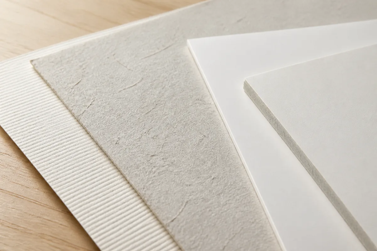 Feuilles de papier texturé disposées en éventail sous une lumière rasante qui révèle le grain et le relief de la surface