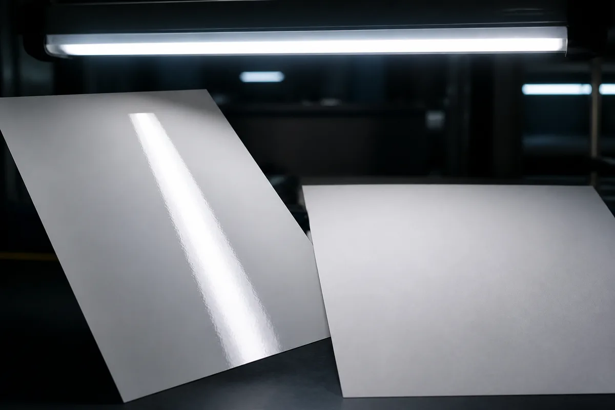 Feuille pelliculée brillante inclinée sous une rampe d&rsquo;éclairage d&rsquo;atelier, le reflet spéculaire barre la surface
