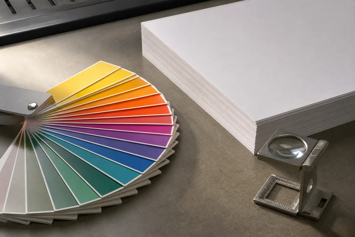 Poste de travail d&rsquo;un atelier de reprographie avec nuancier ouvert en éventail et feuilles vierges empilées sous une lumière rasante