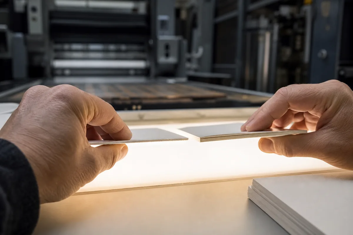 Mains d&rsquo;un professionnel comparant deux échantillons de papier de même grammage mais d&rsquo;épaisseurs visiblement différentes sur une table lumineuse d&rsquo;atelier