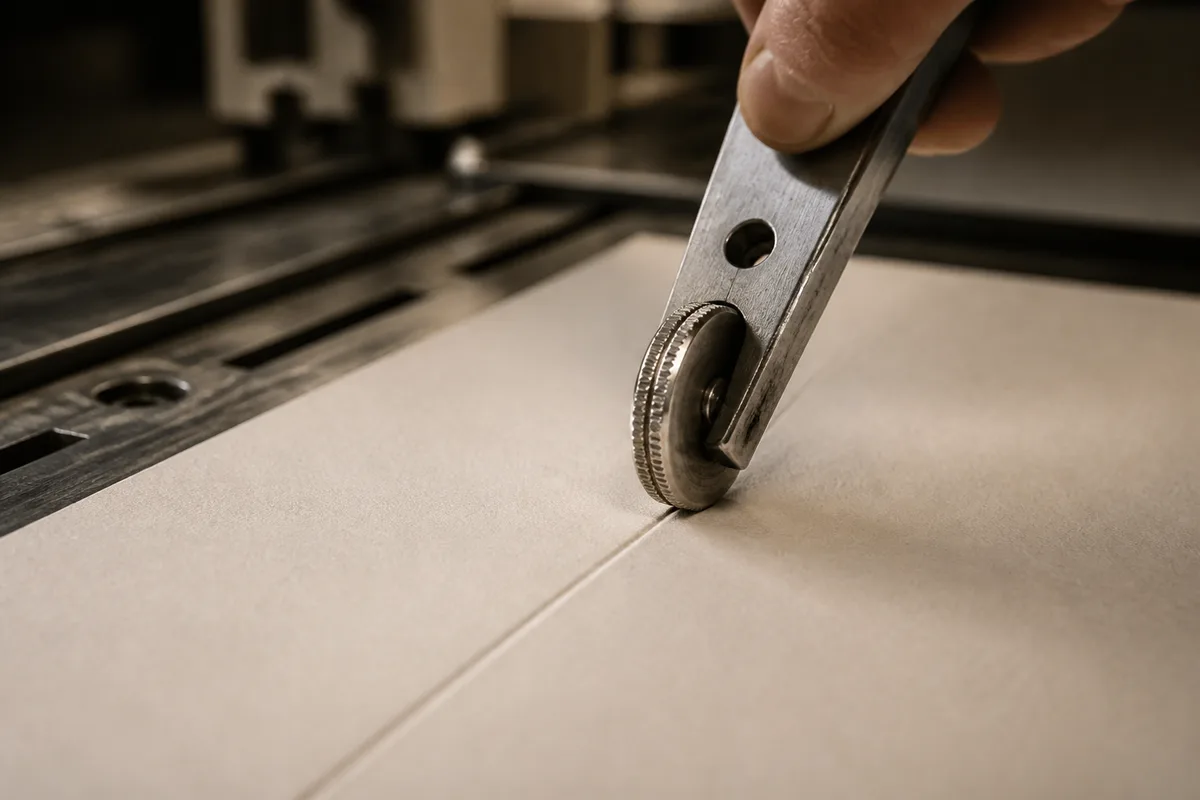 Feuille de papier fort en cours de rainage, la molette creusant un sillon net avant le pliage sur une table de façonnage