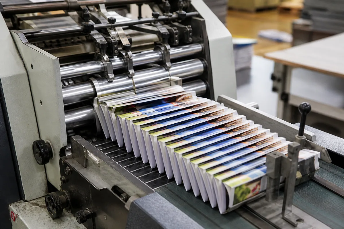 Plieuse en fonctionnement pliant en accordéon une pile de dépliants imprimés en couleur, les feuilles glissant entre les rouleaux
