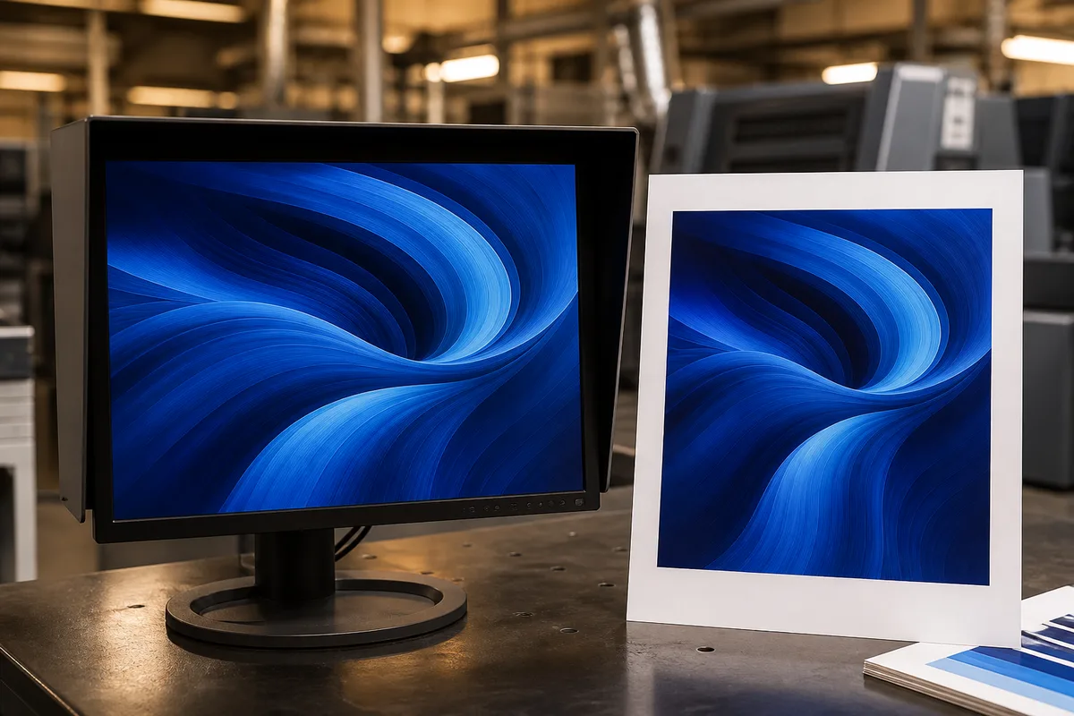 Comparaison côte à côte d&rsquo;un même visuel bleu affiché sur un écran calibré et imprimé sur une feuille posée devant