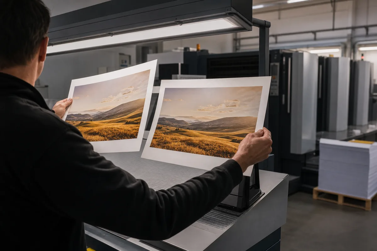Un opérateur compare une épreuve papier et une feuille sortie de presse sous une rampe de lumière normalisée