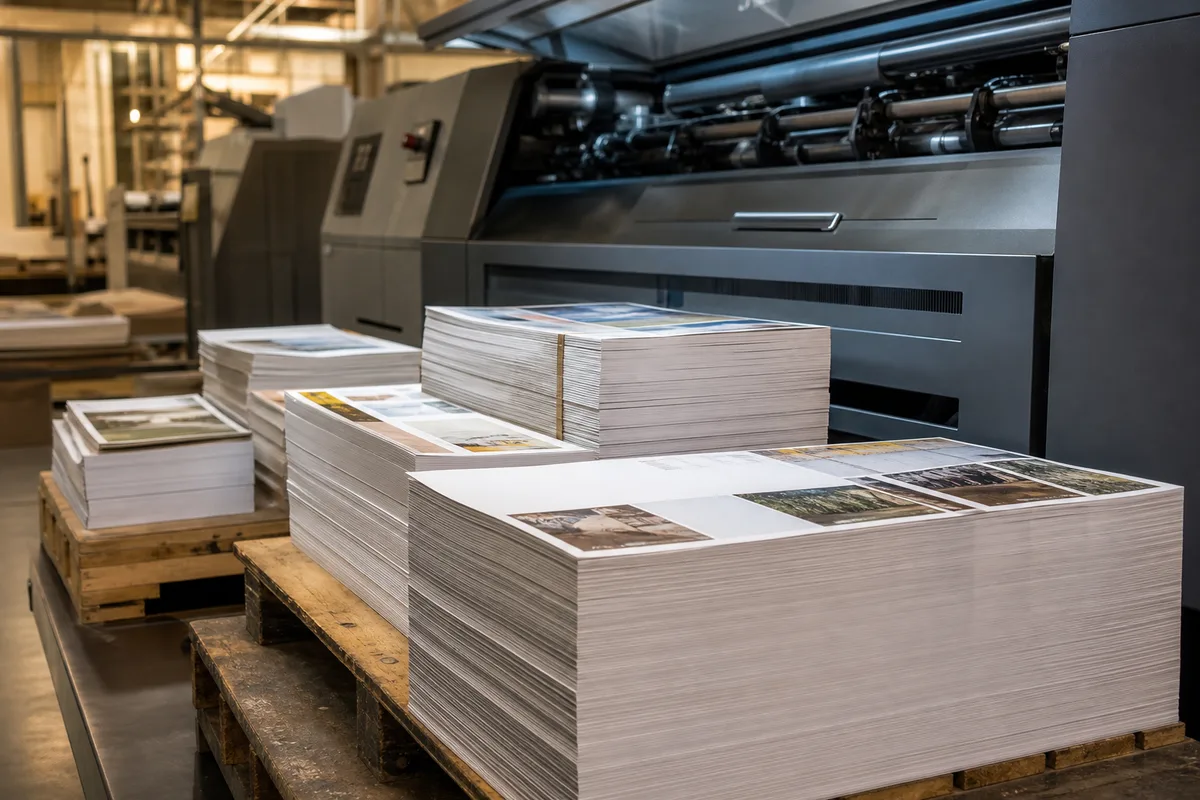Atelier d'imprimerie avec presse numérique et piles de feuilles imprimées