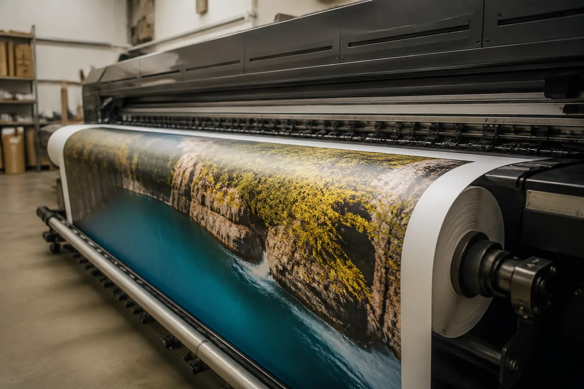 Rouleau de bâche imprimée sortant lentement d’un traceur jet d’encre grand format, visuel coloré tendu sur les guides