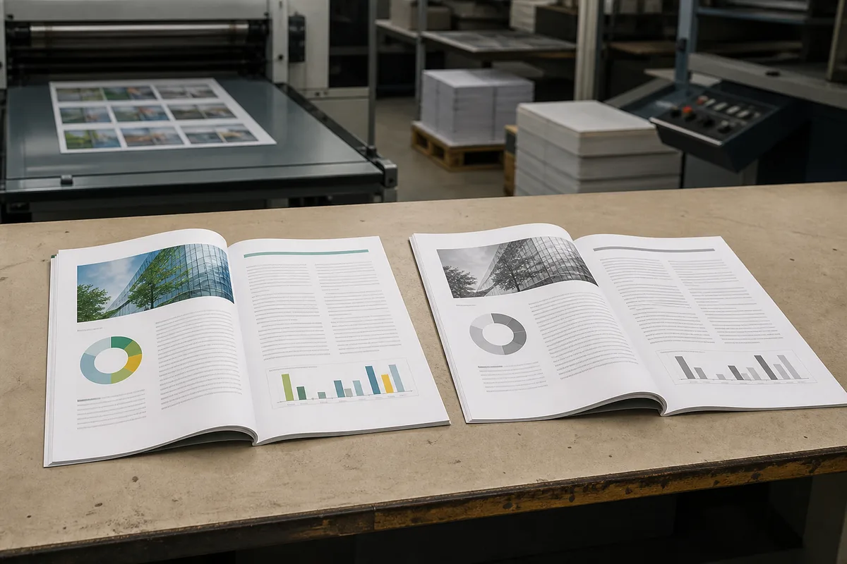 Deux versions du même rapport posées côte à côte sur une table, l&rsquo;une imprimée en couleur, l&rsquo;autre en niveaux de gris, ouvertes à la même page de texte