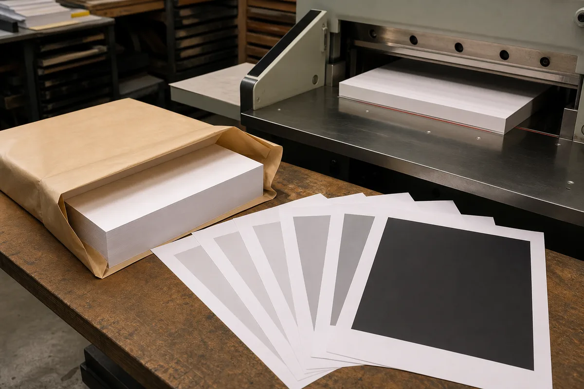 Un massicot posé près d&rsquo;une rame de papier ouverte, avec plusieurs feuilles témoins montrant des aplats de gris à densités croissantes