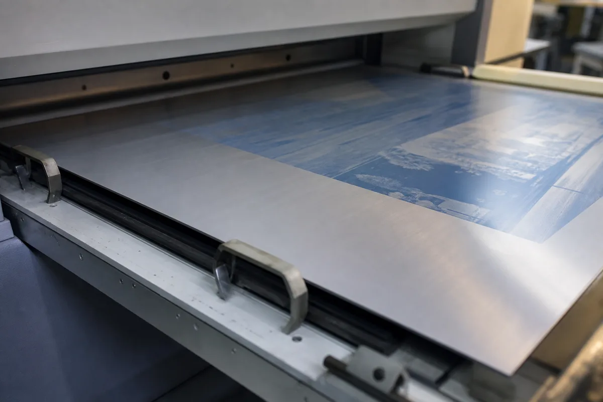 Gros plan sur une plaque offset en aluminium sortant de la développeuse, reflets bleutés et pinces de calage visibles
