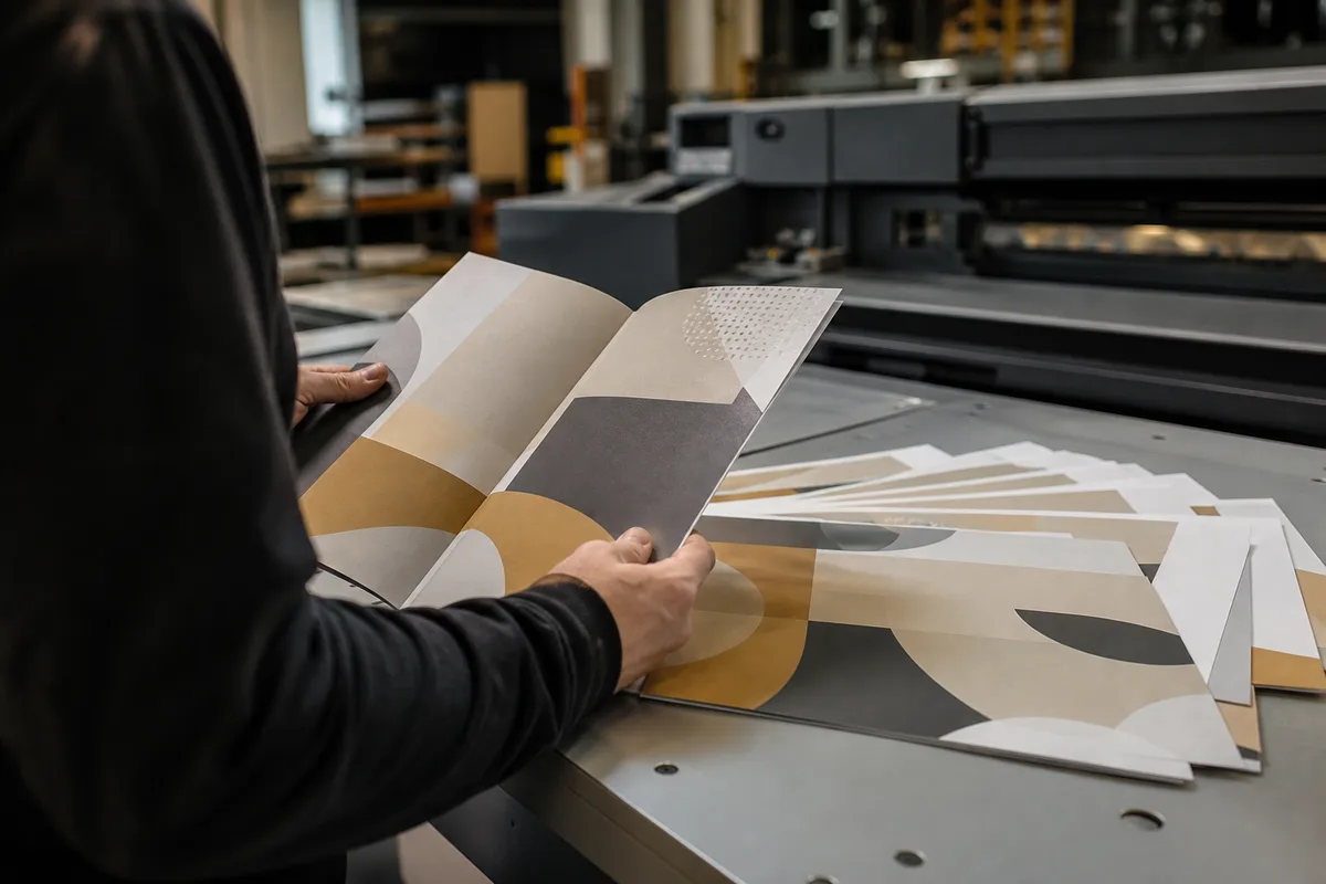 Opérateur consultant une brochure fraîchement sortie sur la table de réception d&rsquo;une presse numérique, feuilles empilées en éventail