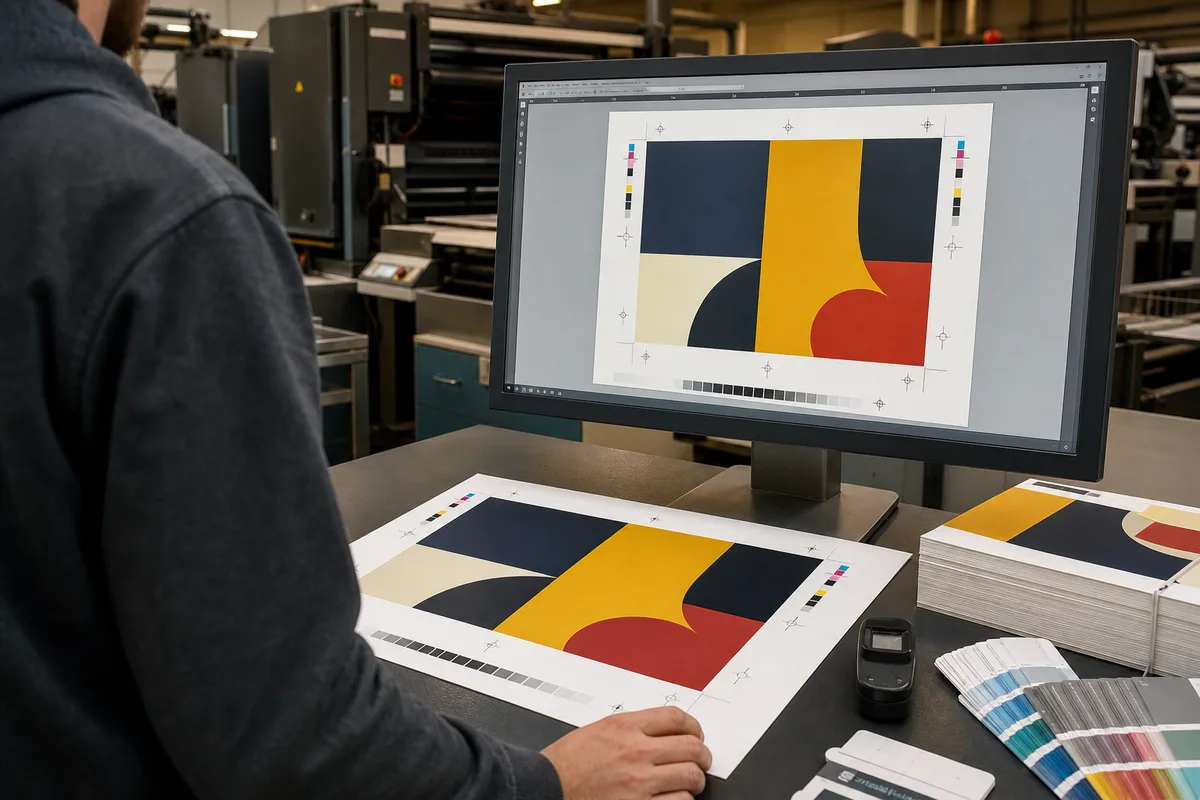 Un graphiste vérifie sur son écran une planche PDF avec traits de coupe et fonds perdus visibles autour de la maquette