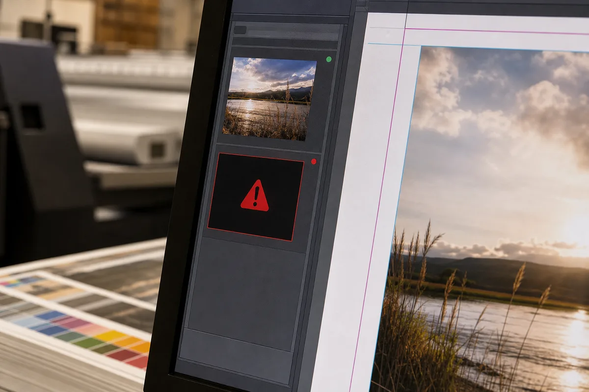 Gros plan sur un panneau de liens d&rsquo;un logiciel de mise en page affichant une image manquante en rouge à côté d&rsquo;une photo placée