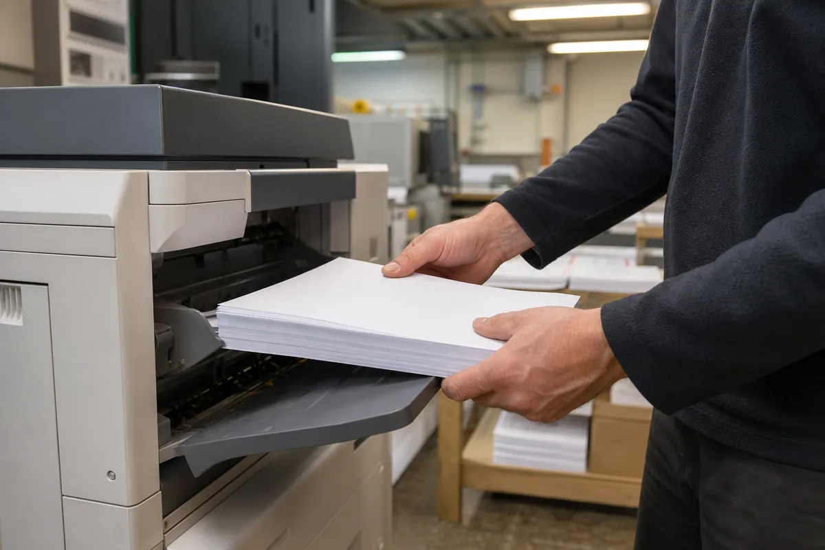 Un opérateur retire une pile de documents A4 fraîchement imprimés du bac de sortie d’un copieur multifonction, dans une salle éclairée par des néons